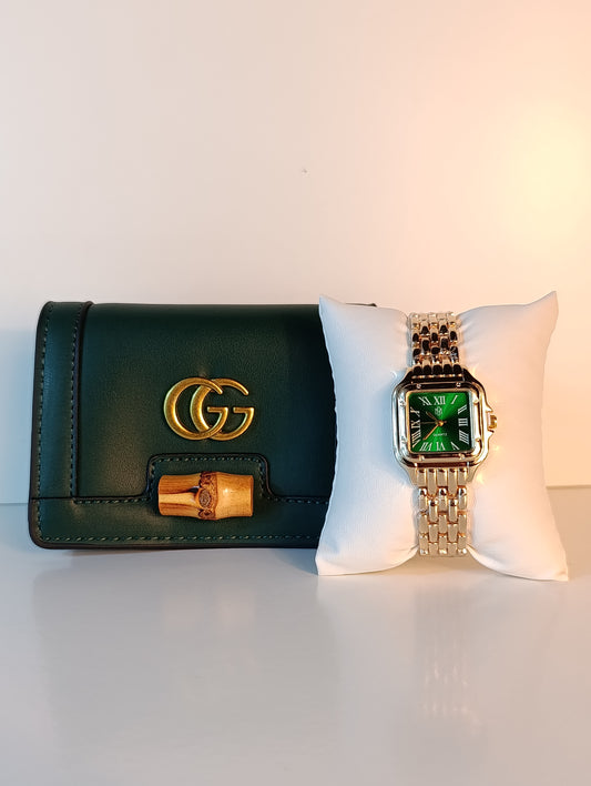 bac portefEuille GUCCI VERT AVEC MONTRE STYLE CARTIER